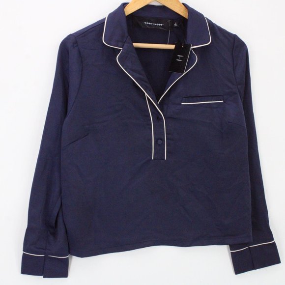 Code X Mode Sleepwear Top Womens Navy Blue Satin Pullover Soft Small S NWT - Picture 1 of 9